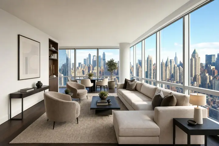 Luxurious living room with modern furniture and a panoramic Manhattan skyline view through large windows.