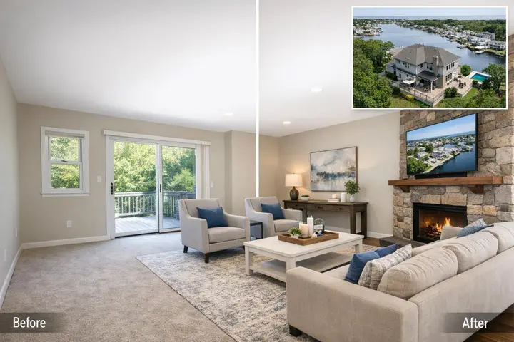 Living room before and after virtual staging, with added furniture and decor, showcasing interior transformation.