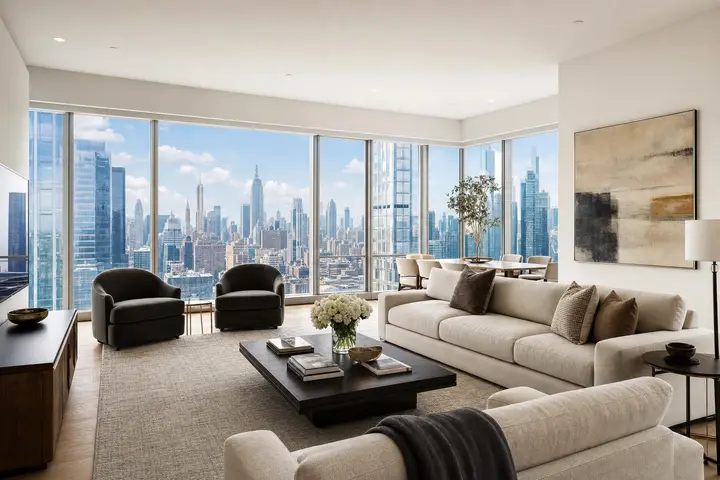 Modern living room with large windows showcasing a stunning NYC skyline, featuring elegant furniture and decor.