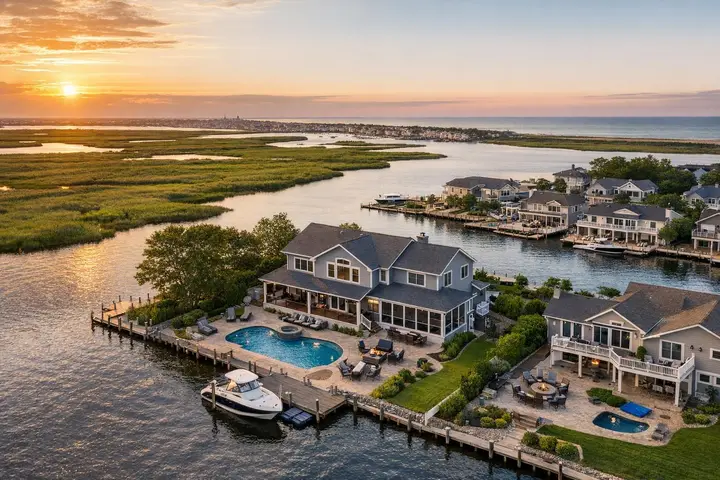 Aerial view of waterfront homes with a pool and boat dock, showcasing the scenic shoreline at sunset in New Jersey.