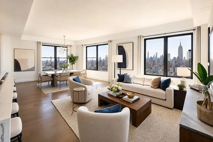 Brightly lit living and dining area with modern decor and panoramic NYC skyline views through large windows.