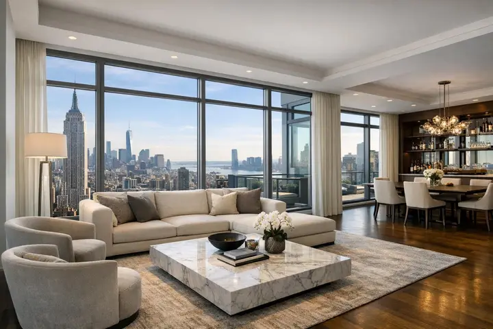 Luxury living room with floor-to-ceiling windows offering a stunning Manhattan skyline view, featuring chic decor and a marble table.