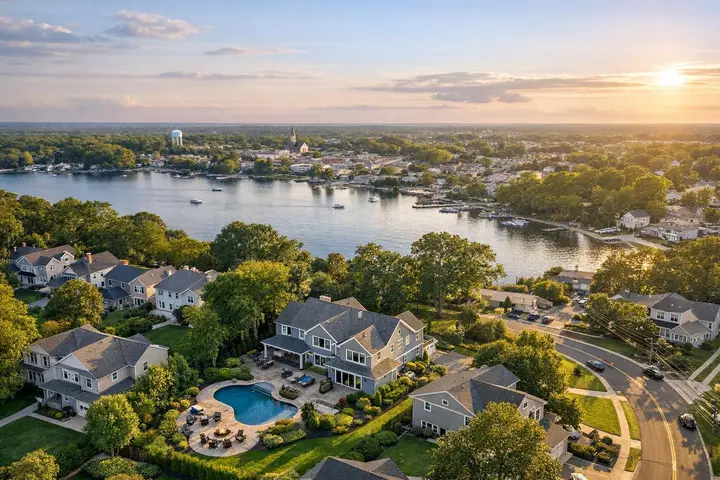 Aerial view of a picturesque suburban neighborhood with a central lake, showcasing luxurious homes and landscaped yards.