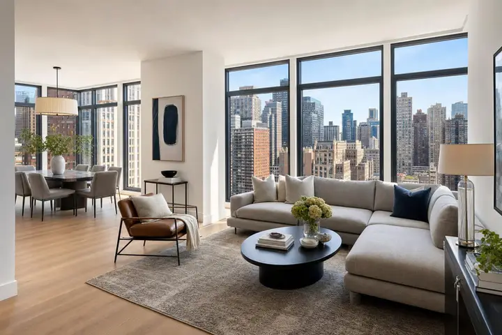 A bright, modern NYC apartment living room with large windows, stylish furnishings, and city views, ideal for real estate videography near me