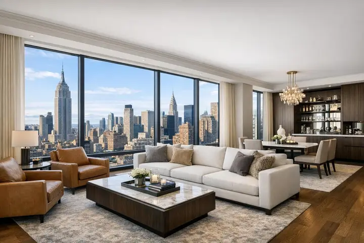 Luxurious Manhattan apartment interior with plush seating, elegant decor, and panoramic city skyline views through large windows.