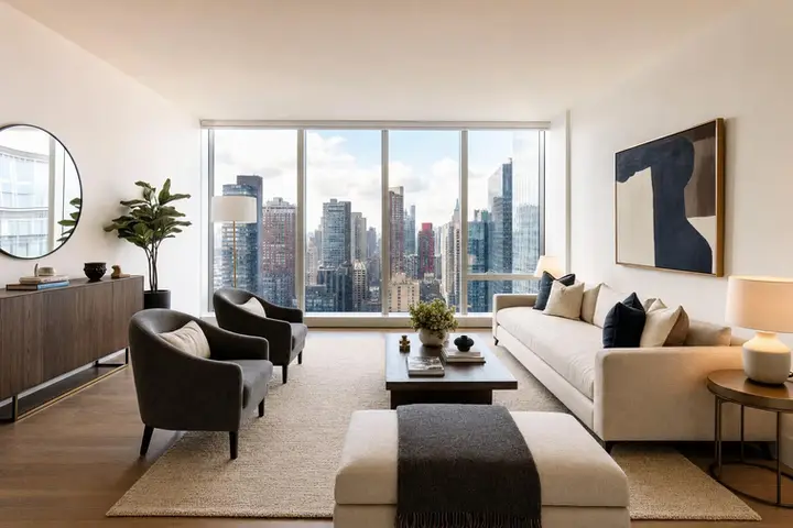 Modern living room with elegant furniture and large windows offering a stunning NYC skyline view.