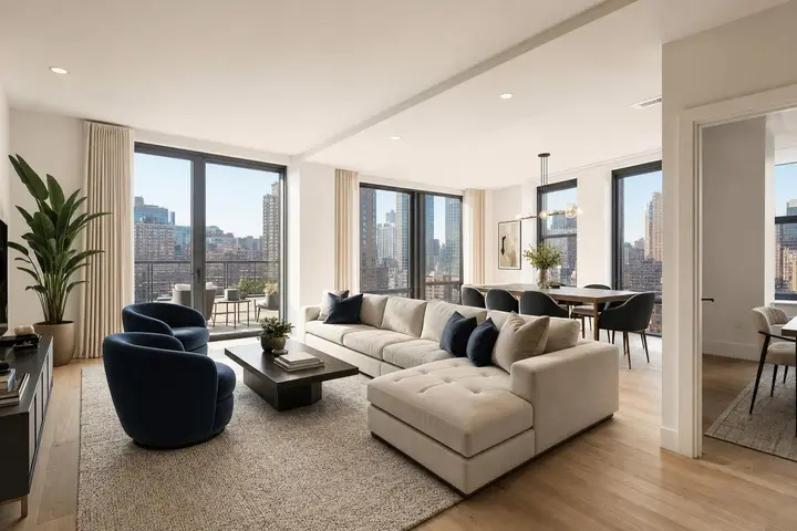 Modern, spacious living room with large windows offering a city skyline view, featuring sleek furniture and neutral tones.