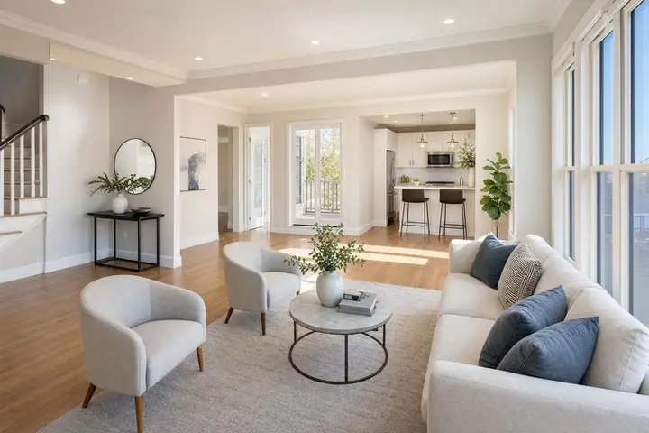 Modern living room interior with neutral decor, large windows, and city view, ideal for showcasing a Zillow 3D tour