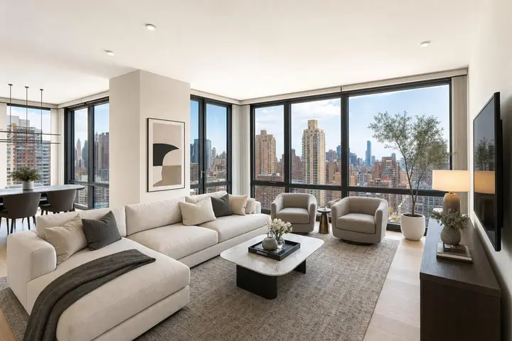 Modern NYC apartment interior with large windows, natural light, and stylish furnishings, captured by real estate photography near me
