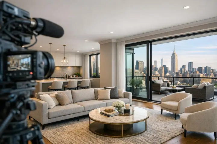 Luxurious open living space with NYC skyline view, featuring modern furniture and a camera set up for a real estate video tour.