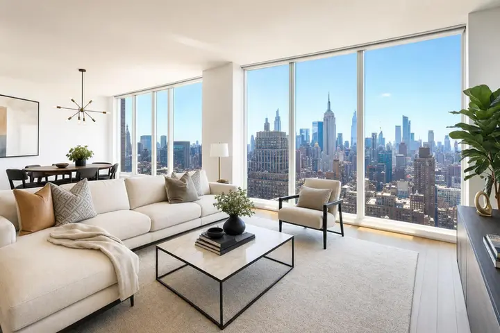 Modern living room with elegant furniture and large windows showcasing a panoramic view of the NYC skyline.
