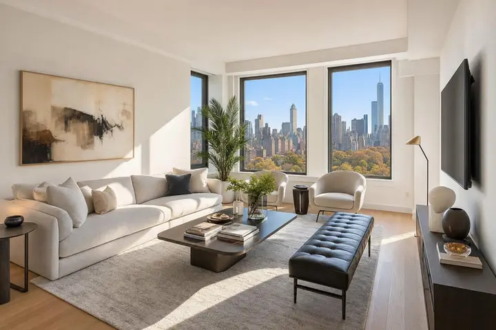 Modern living room with neutral decor, large windows offering a stunning NYC skyline view, highlighting real estate appeal.