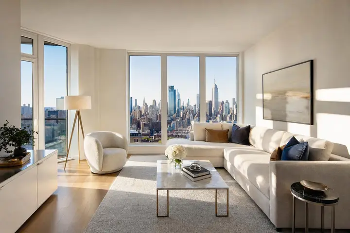 Bright, modern living room with large windows, stylish furnishings, and city views, perfect for real estate photographer NYC