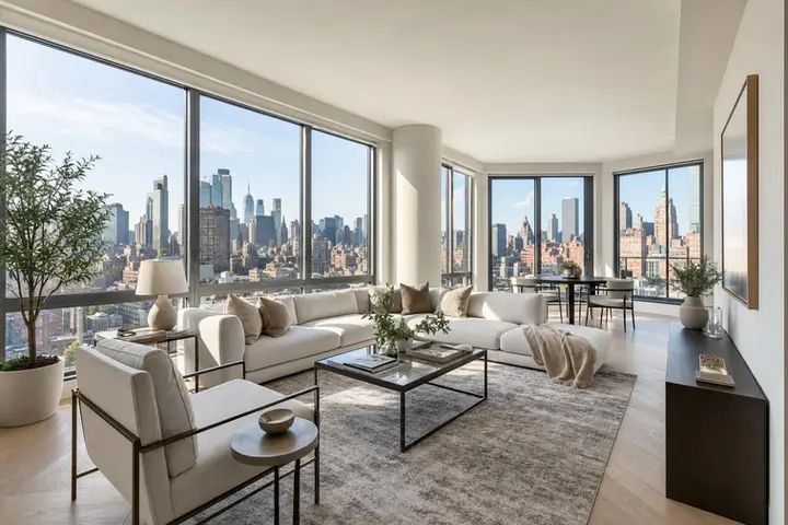 Modern living room with large windows, stylish furniture, and city view, captured by a real estate photographer NYC