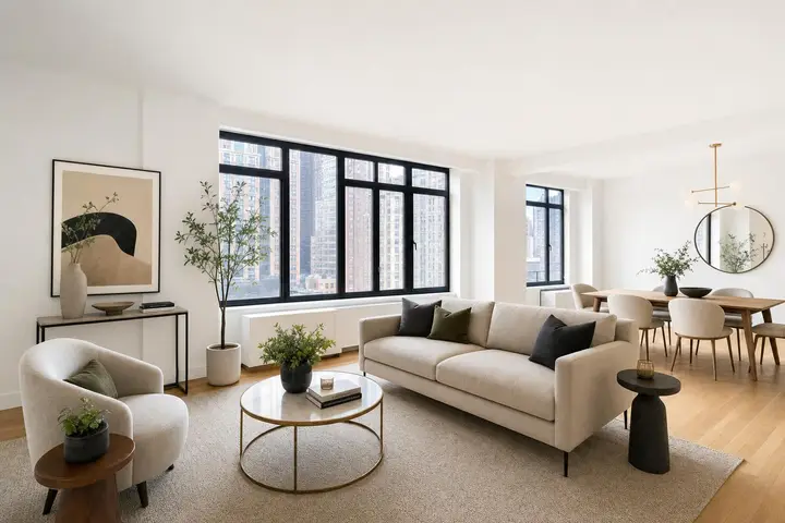Modern living and dining room with beige sofa, round coffee table, large windows, and minimalist decor, showcasing virtual staging.