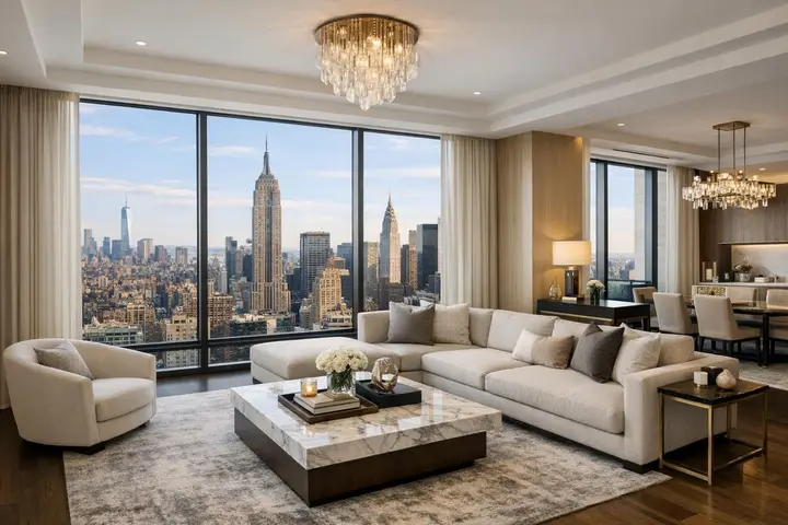 Luxurious Manhattan apartment interior with elegant furniture and large windows offering a stunning city skyline view.