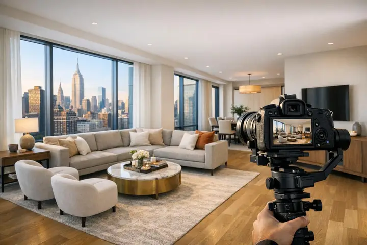 Luxurious NYC living room with skyline view, elegant decor, and a camera capturing the scene for a real estate video tour.