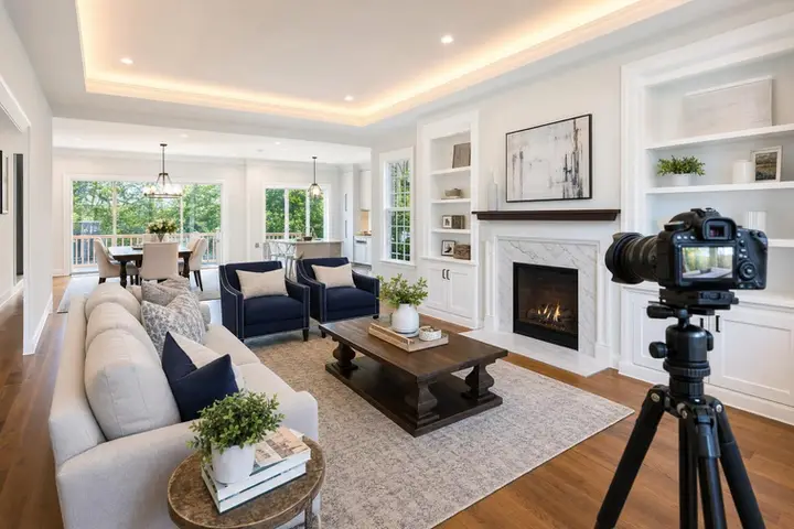 Modern living room with bright furnishings, large windows, and tasteful decor, ideal for real estate photography services