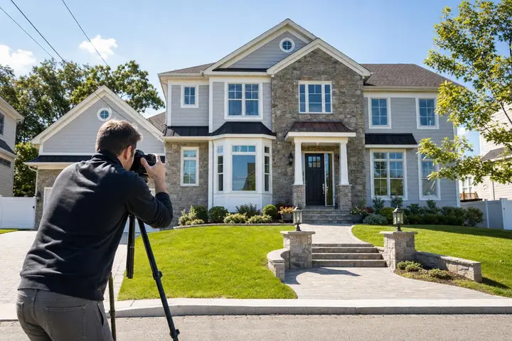 Bright, modern living room with large windows, stylish furnishings, and natural light, ideal for a real estate photographer NJ