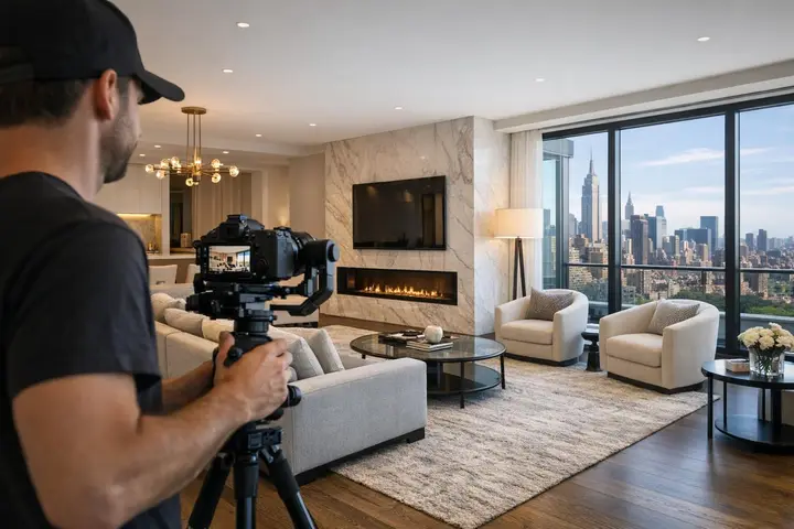 A videographer films a luxurious NYC living room with a skyline view, fireplace, and modern decor, highlighting a real estate video tour.