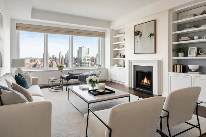 Modern living room with elegant decor, large windows displaying NYC skyline, and a cozy fireplace.