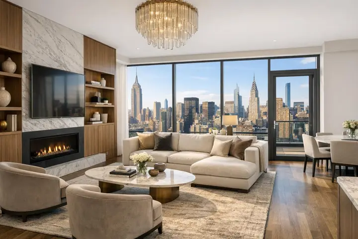 Luxury living room with elegant furniture, a fireplace, and large windows offering a stunning NYC skyline view.