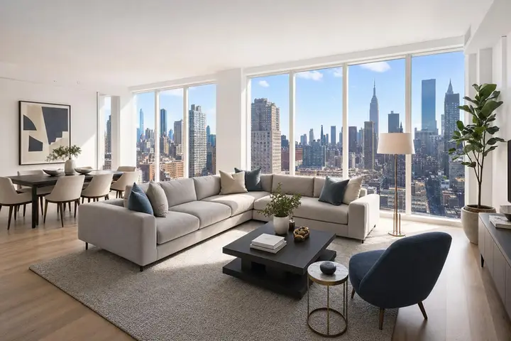 Modern living room with large windows showcasing a stunning NYC skyline, featuring elegant furniture and decor.