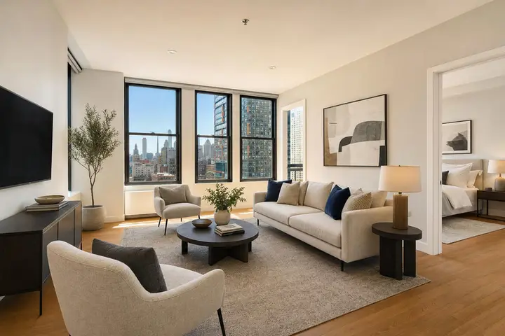 Modern, stylish living room with contemporary furniture and bright decor, showcasing virtual staging NYC for vacant homes