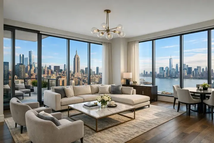 Modern living room with neutral decor and large windows showcasing a stunning NYC skyline view.