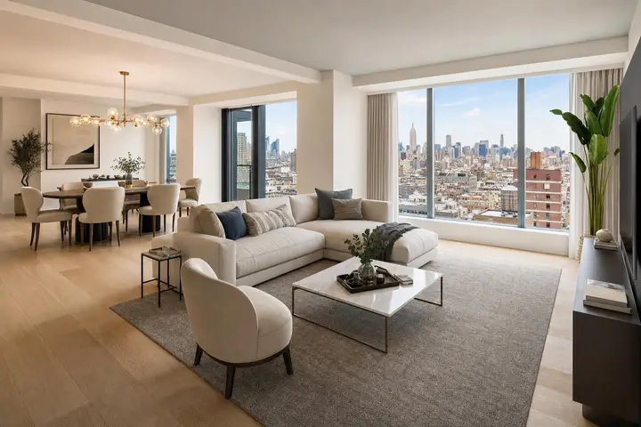 Luxury Manhattan apartment living room with modern decor, large windows offering a skyline view, and an elegant dining area.