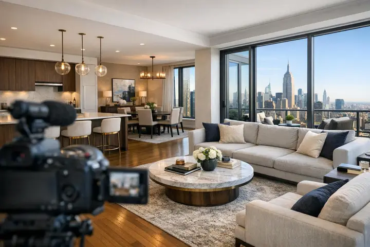 Luxury NYC apartment interior with modern furnishings and floor-to-ceiling windows offering a skyline view, video camera setup.