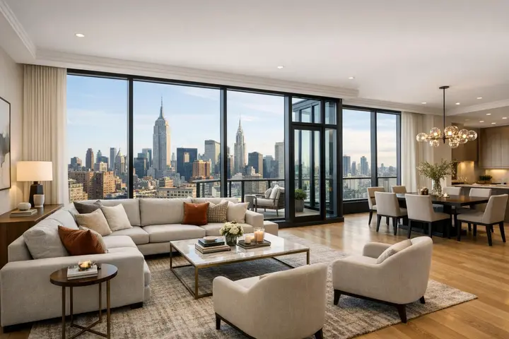 Modern living room with large windows offering a NYC skyline view, featuring a cozy seating area and dining table.