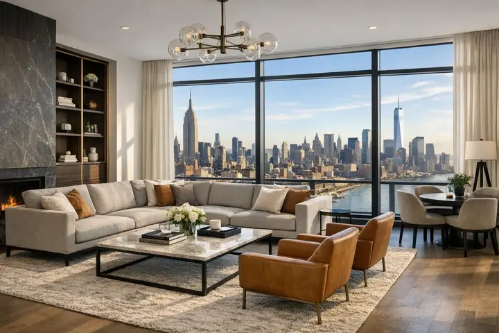 Modern living room with chic furniture and large windows showcasing a panoramic view of New York City's skyline.