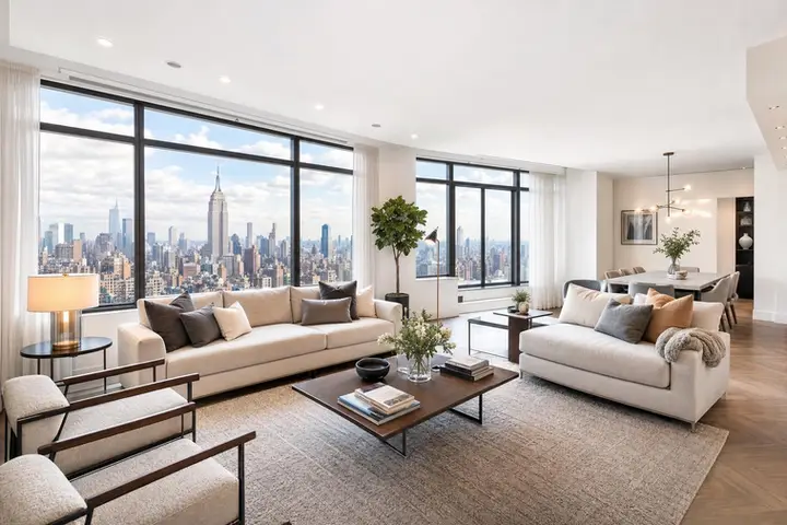 Bright, modern living room with large windows, contemporary furniture, and city views, showcasing real estate photography services NYC