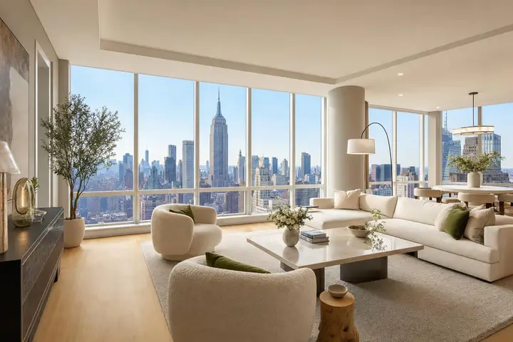 Luxurious Manhattan apartment interior with a spacious living area, elegant furniture, and a skyline view.