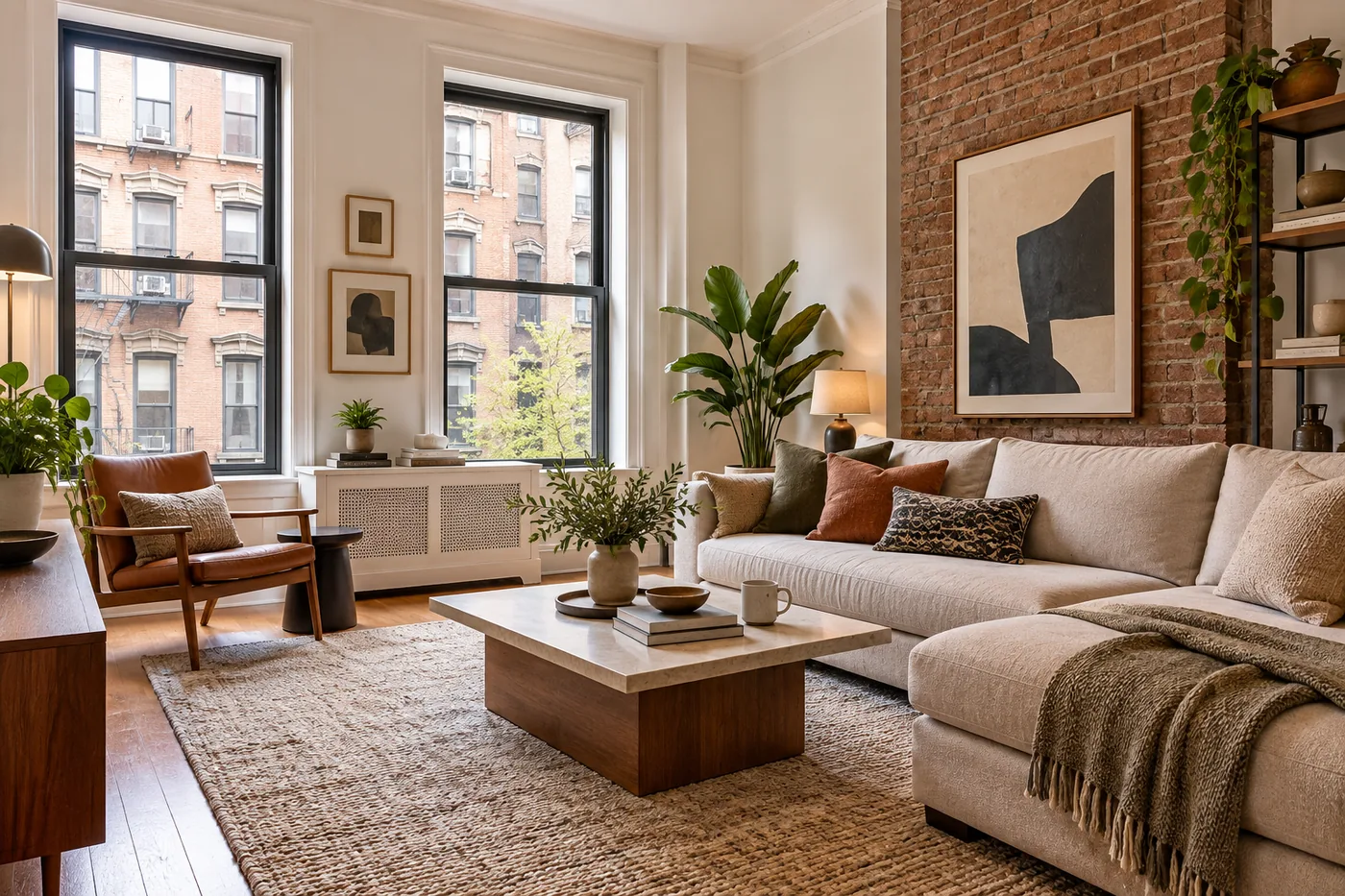 Sunlit living room with sectional sofa and exposed brick in an NYC Airbnb