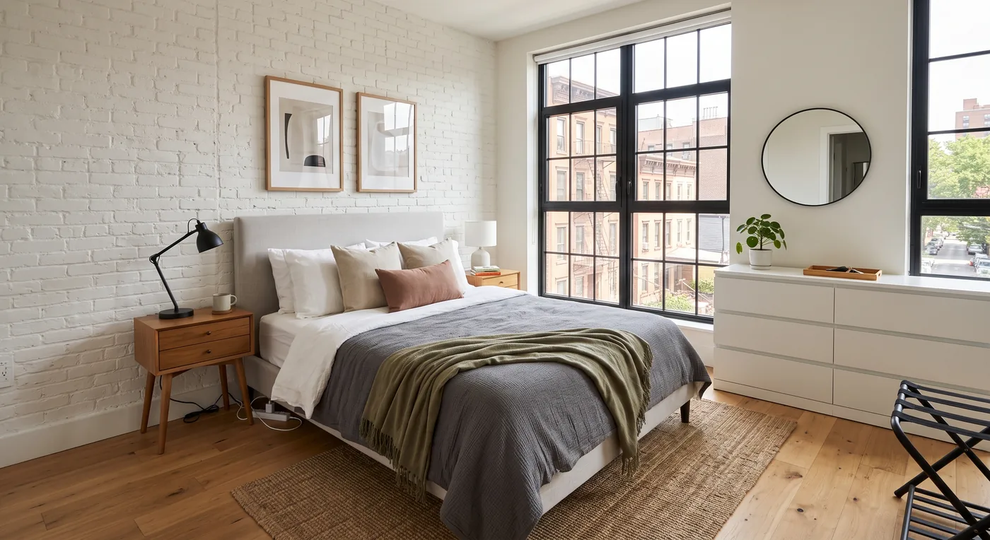 Contemporary bedroom with round mirror and large windows