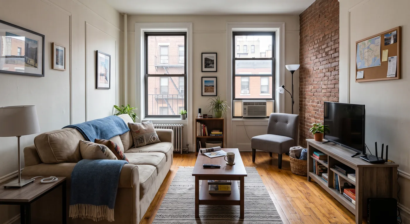 Comfortable living room with blue throw and city outlook