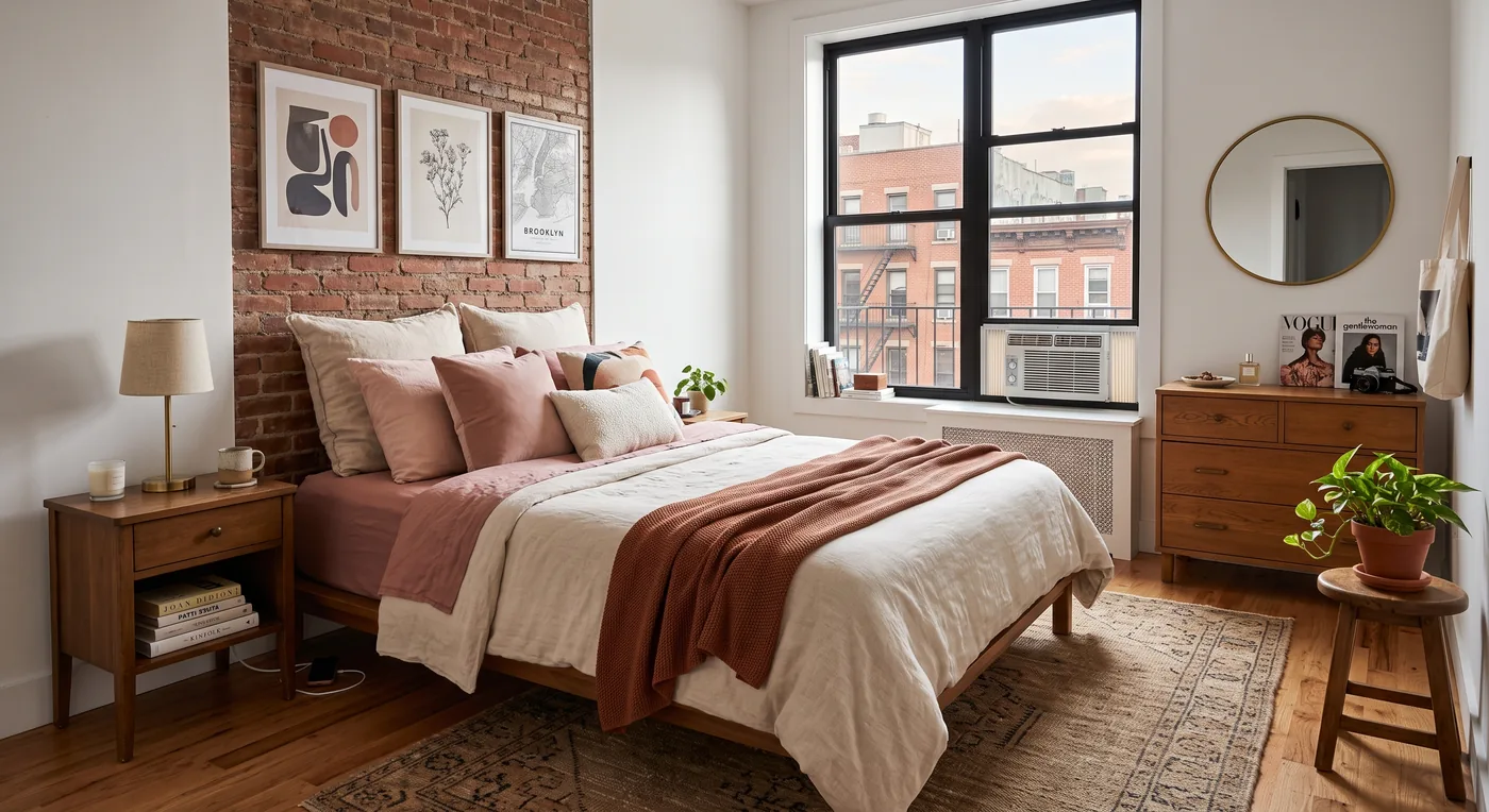 Inviting bedroom with exposed brick and warm bedding