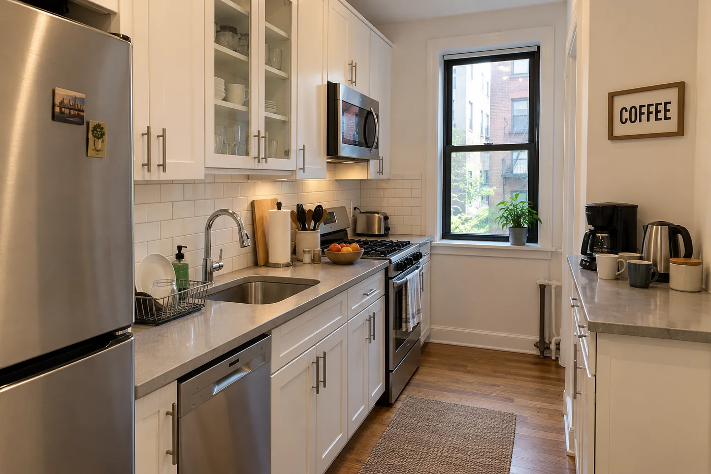 Sleek galley kitchen with stainless steel appliances