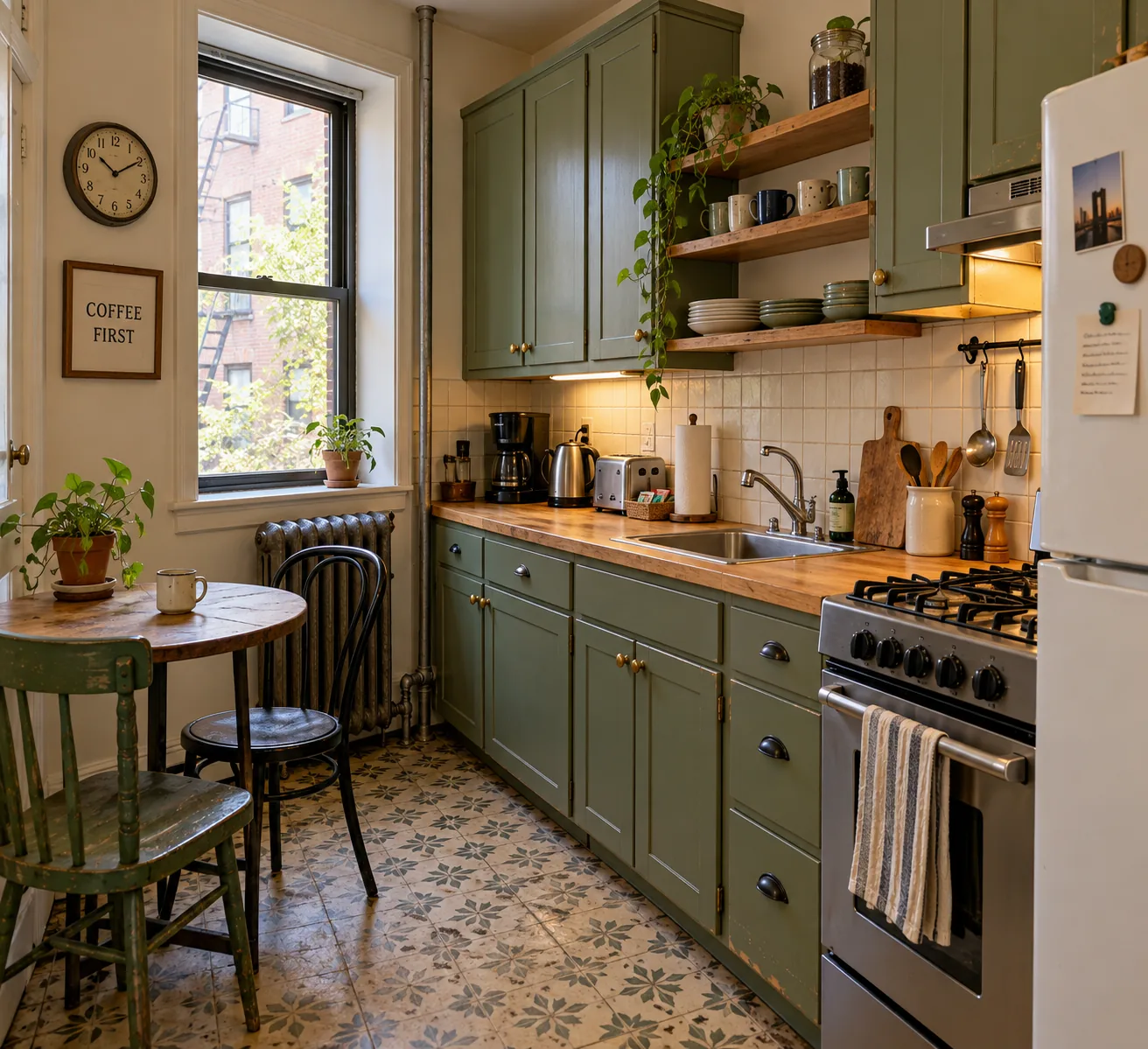 Charming kitchen with sage green cabinets and breakfast nook