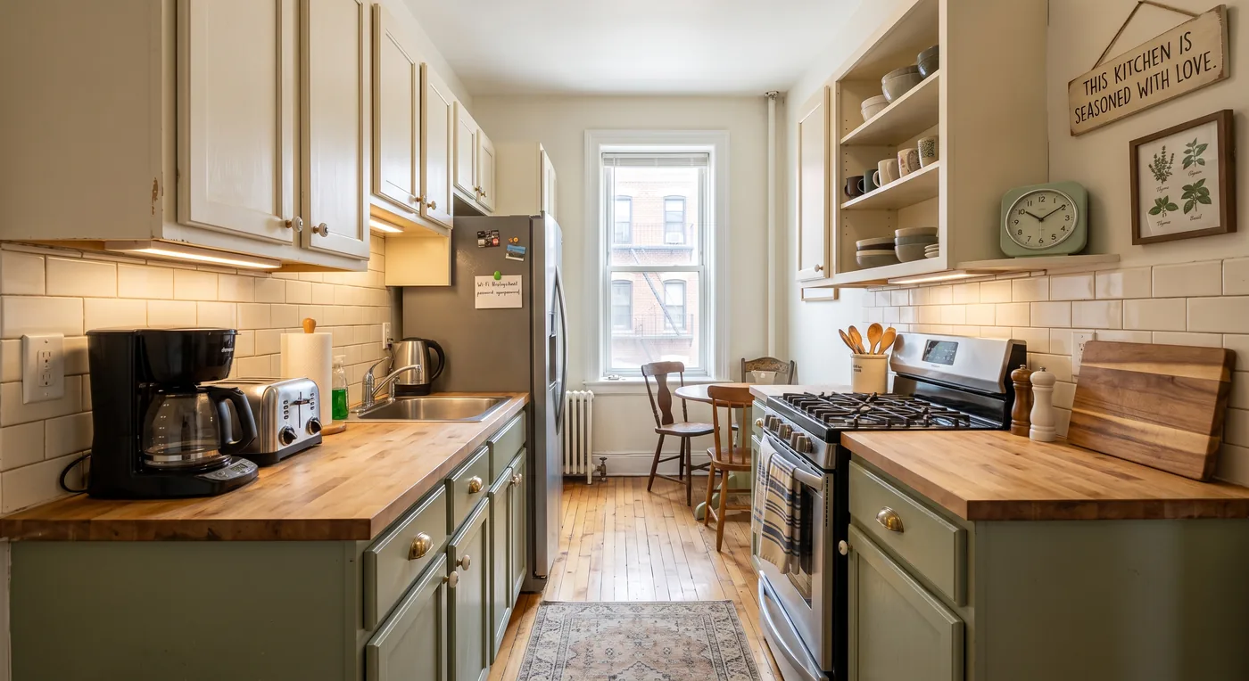 Bright kitchen with butcher-block counters and gas range
