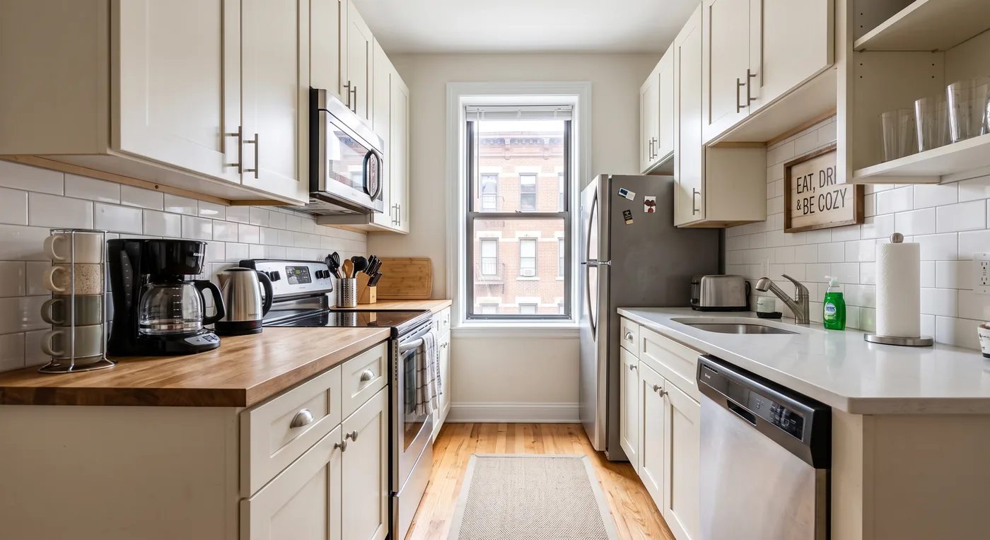 Modern kitchen with white cabinetry and stainless appliances