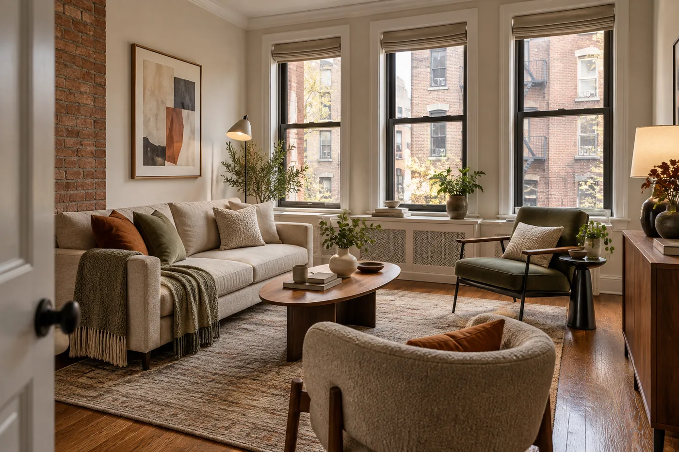 Cozy living room with layered textiles and large windows in a Manhattan rental