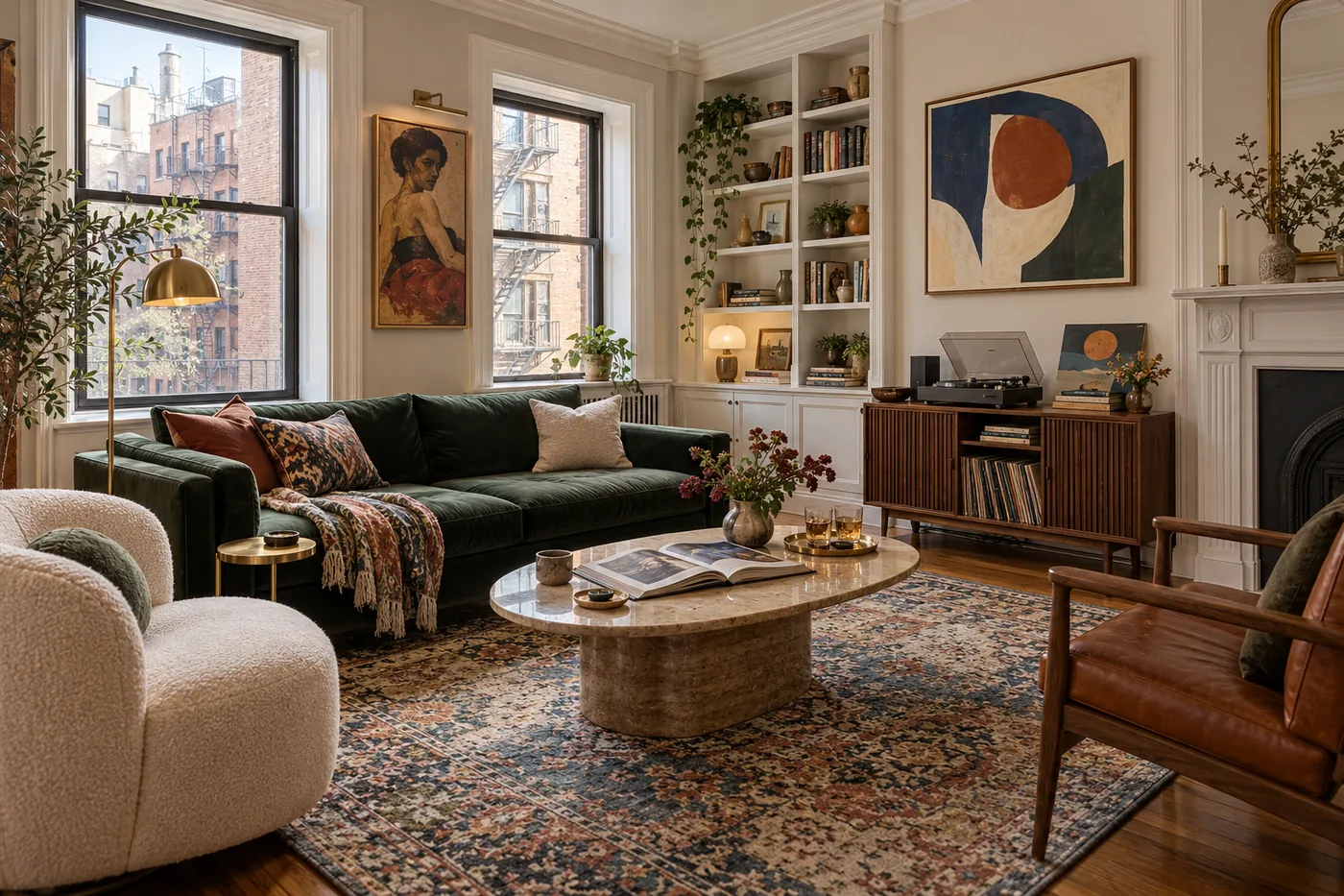 Stylish living room with green velvet sofa and curated art