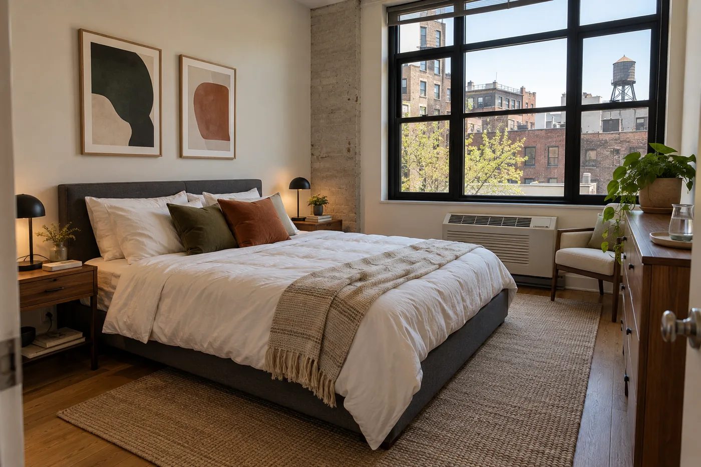 Serene bedroom with city views in an NYC vacation rental