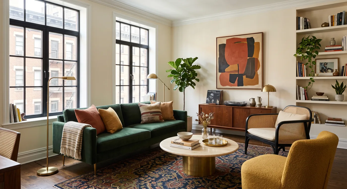 Bright open living space with green sofa and bookshelves