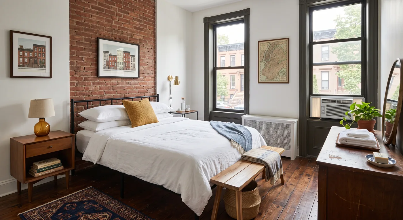 Warm bedroom with exposed brick accent wall