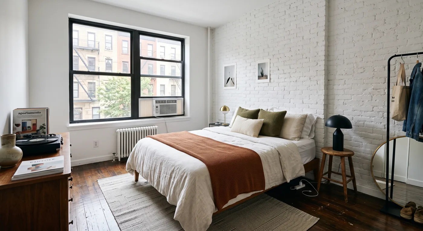Airy bedroom with white brick and natural light