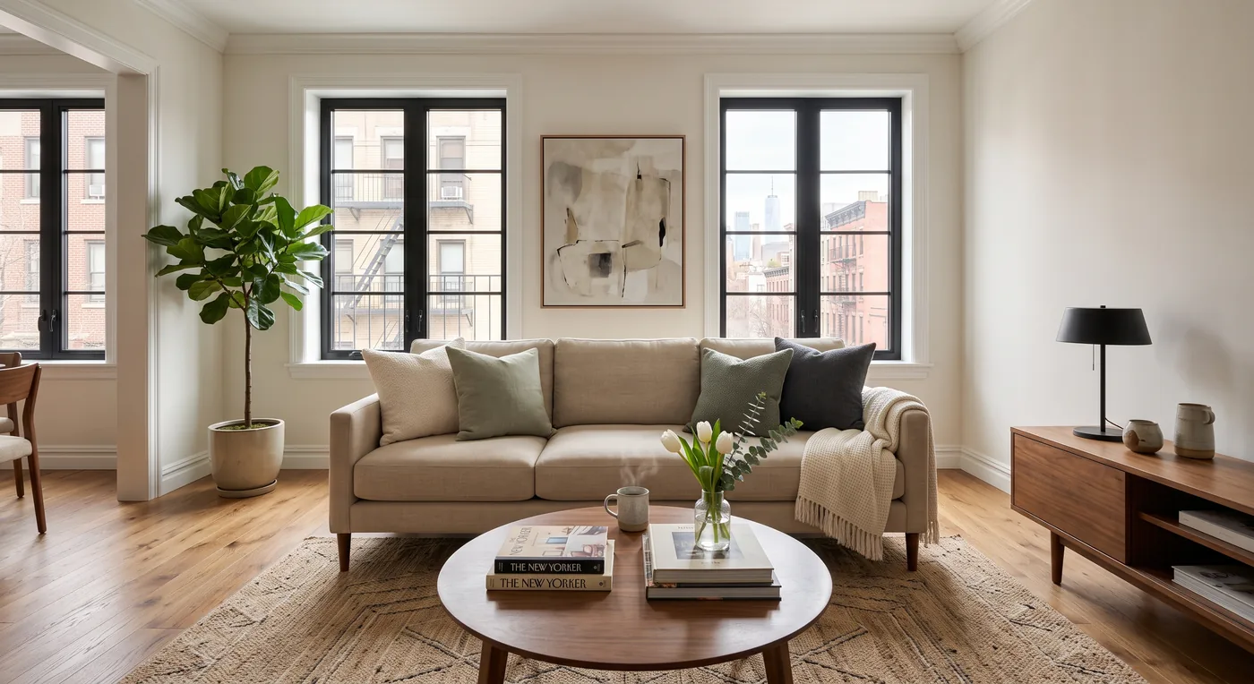 Minimalist living room with neutral sofa and hardwood floors